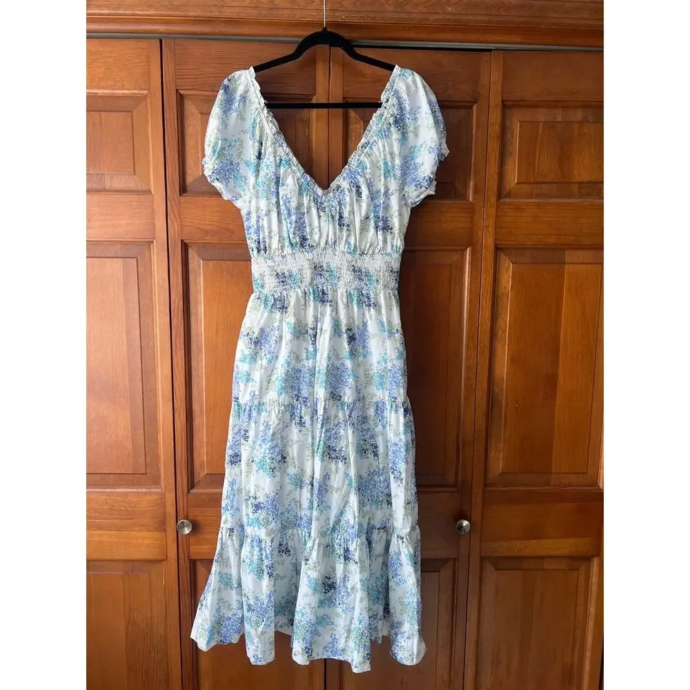 Abercrombie & Fitch Women's Blue Floral Smocked Puff Sleeve Midi Dress Size LT